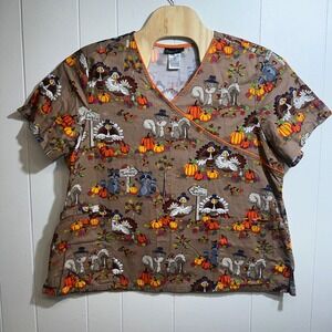 Cherokee Tooniforms Thanksgiving Scrub Top 3XL Brown Turkey Pumpkin Cotton